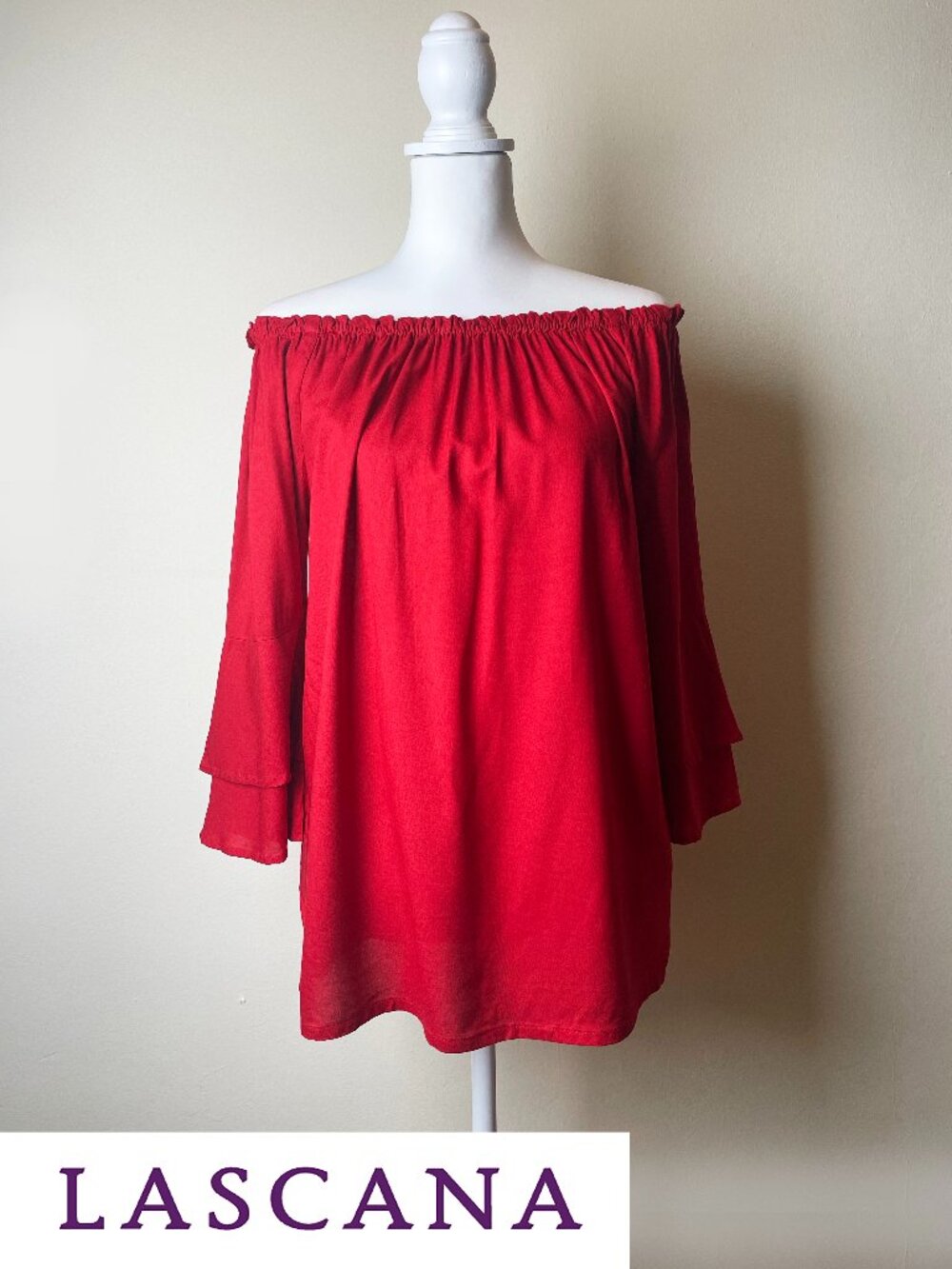 LASCANA Vibrant Red Off-The-Shoulder Ruffle Bell Sleeve Tunic Top | Size 6 | NWT